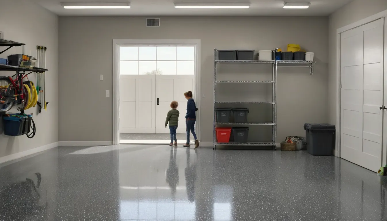 A freshly coated garage floor in a Lovejoy home with a family car parked on it